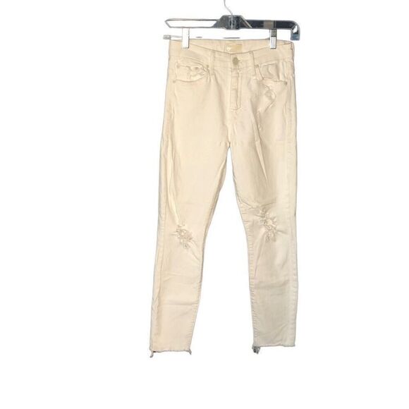 MOTHER Womens High Waisted Looker Ankle Fray Denim Jeans 25 Off White Skinny - Picture 1 of 7